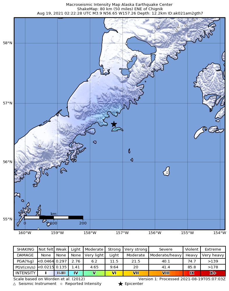 USGS ShakeMap: estimated shaking intensity around the epicenter