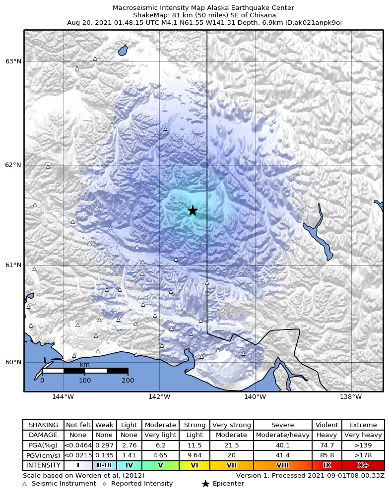 USGS ShakeMap: estimated shaking intensity around the epicenter