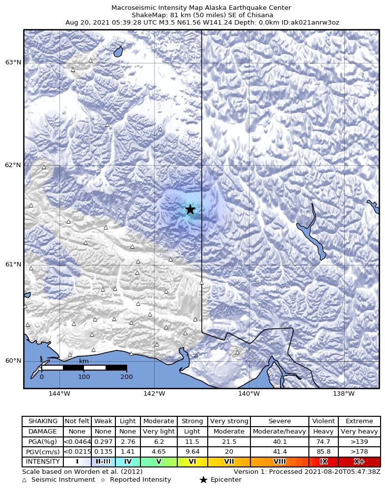USGS ShakeMap: estimated shaking intensity around the epicenter