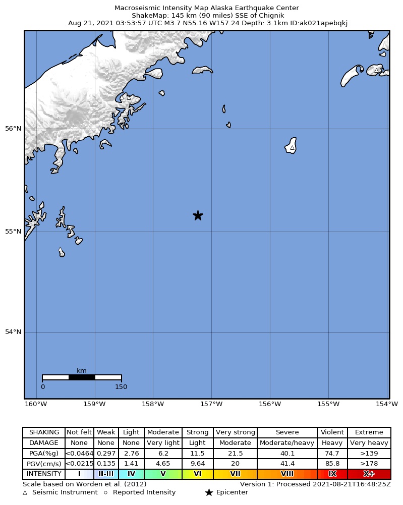 USGS ShakeMap: estimated shaking intensity around the epicenter