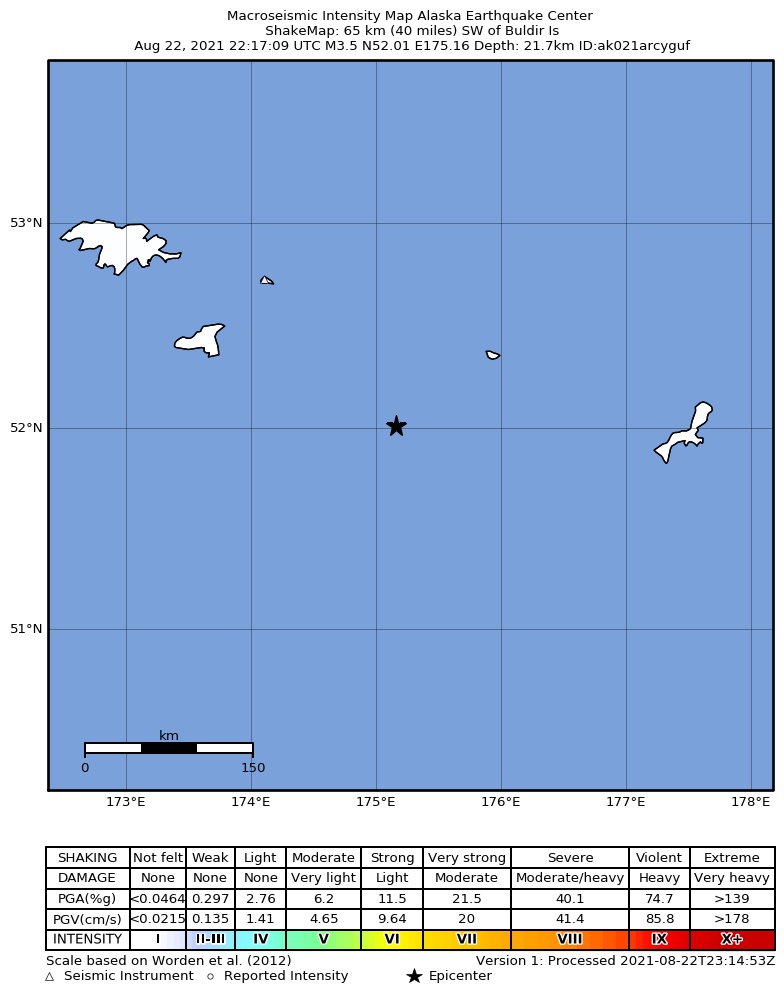 USGS ShakeMap intensity contours for the M4.1 earthquake near 157 km ESE of Attu Station, Alaska