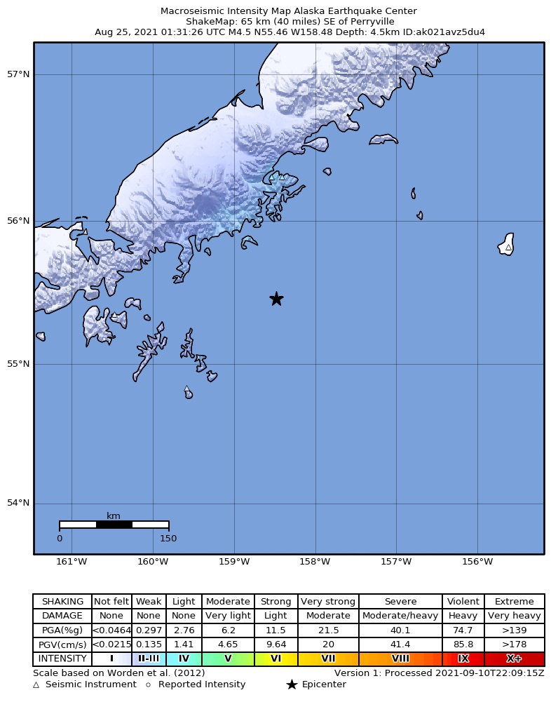 USGS ShakeMap: estimated shaking intensity around the epicenter