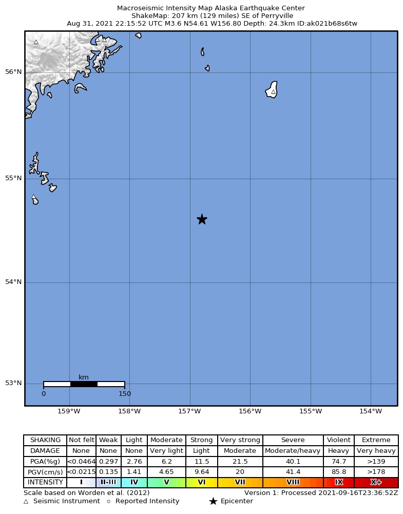 USGS ShakeMap intensity contours for the M3.6 earthquake near 207 km SE of Perryville, Alaska