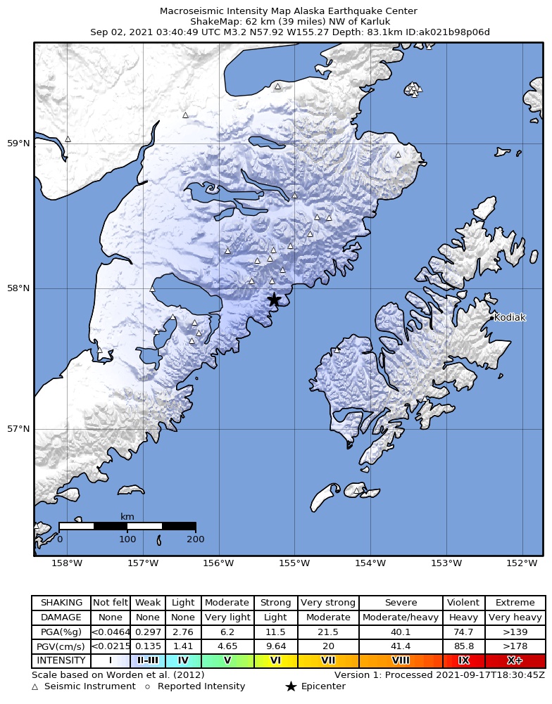 USGS ShakeMap: estimated shaking intensity around the epicenter