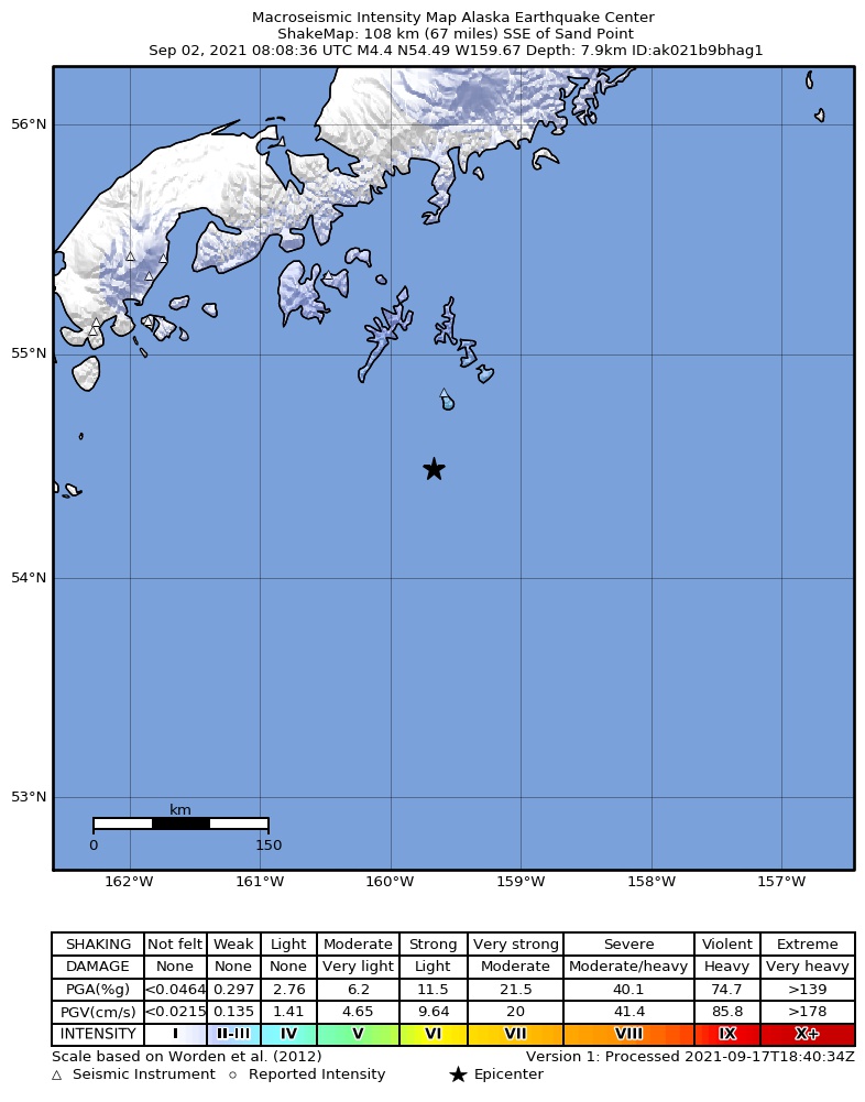 USGS ShakeMap: estimated shaking intensity around the epicenter
