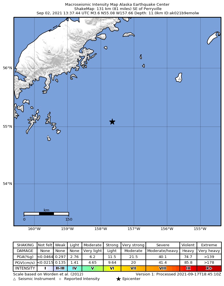 USGS ShakeMap: estimated shaking intensity around the epicenter