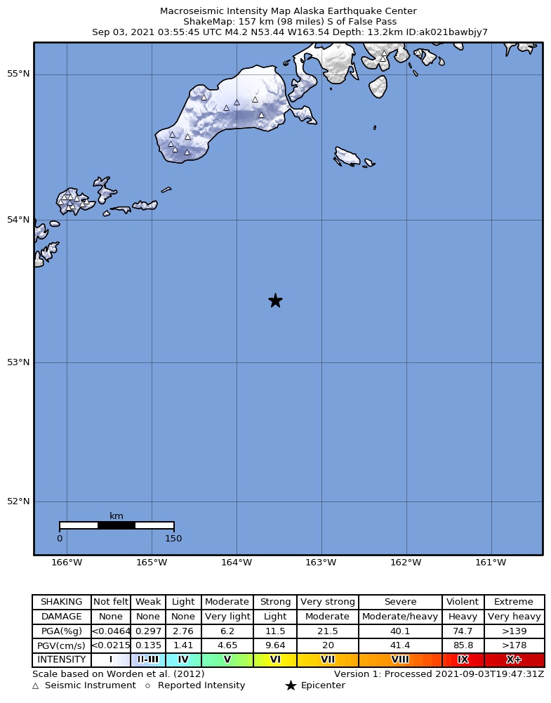 USGS ShakeMap: estimated shaking intensity around the epicenter