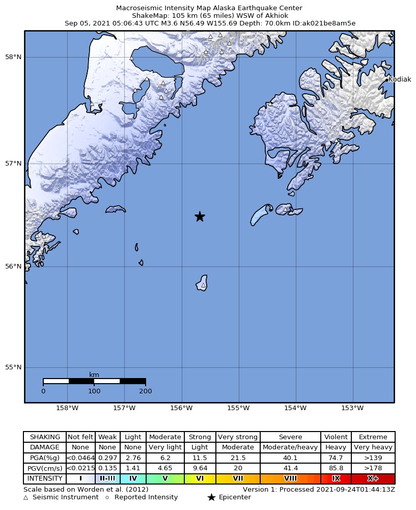 USGS ShakeMap: estimated shaking intensity around the epicenter