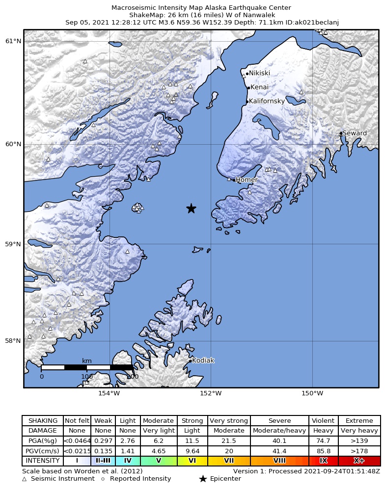 USGS ShakeMap: estimated shaking intensity around the epicenter