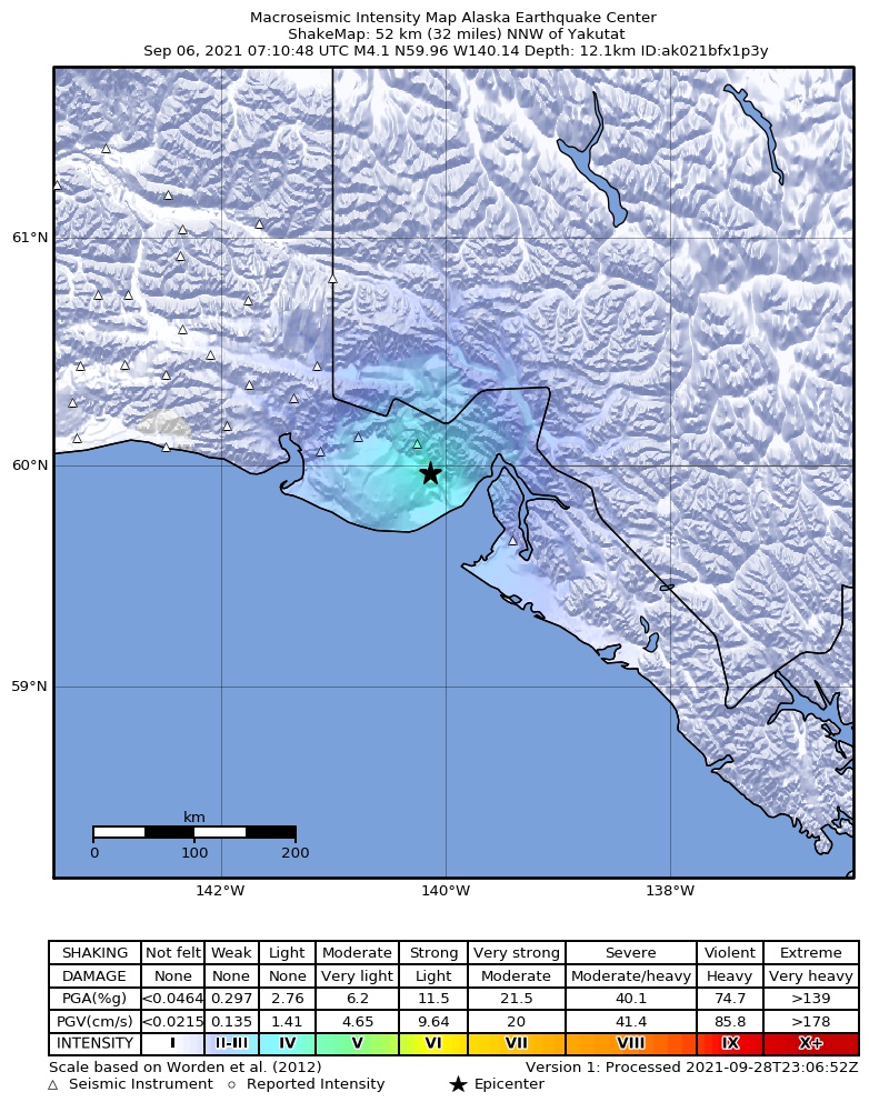 USGS ShakeMap: estimated shaking intensity around the epicenter