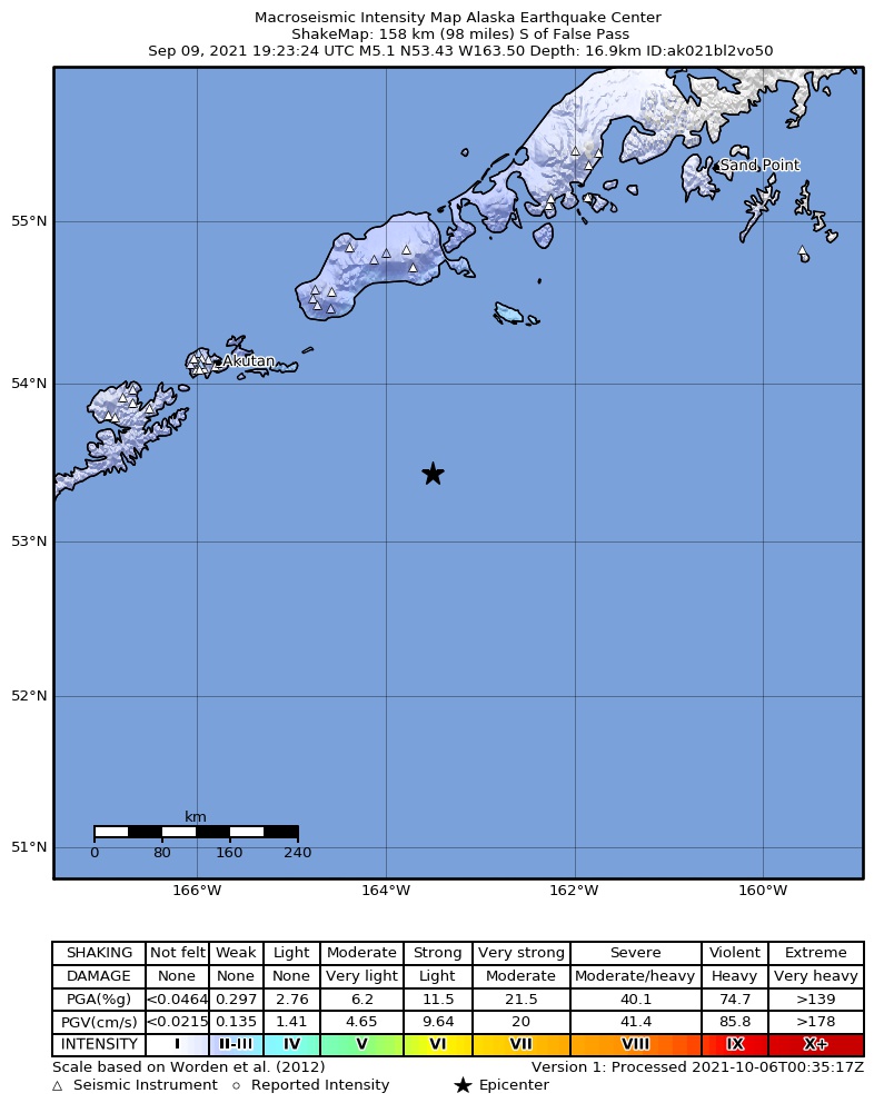 USGS ShakeMap intensity contours for the M5.1 earthquake near 154 km S of False Pass, Alaska