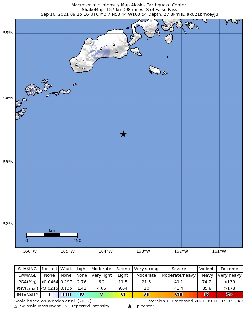 USGS ShakeMap: estimated shaking intensity around the epicenter