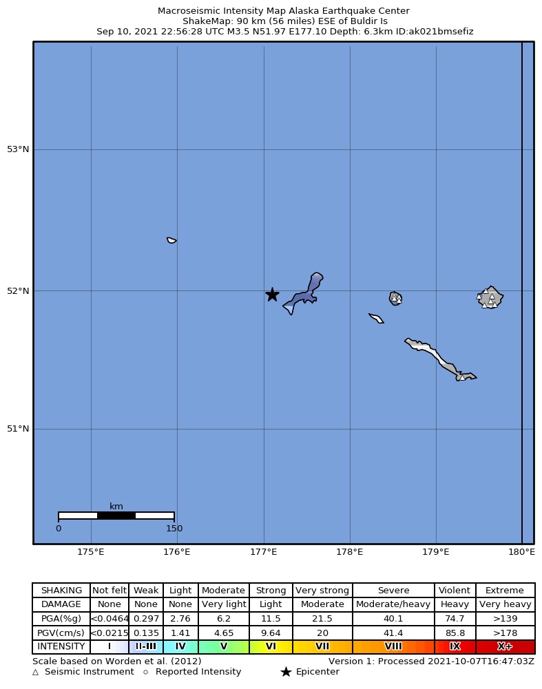USGS ShakeMap intensity contours for the M3.9 earthquake near 284 km ESE of Attu Station, Alaska