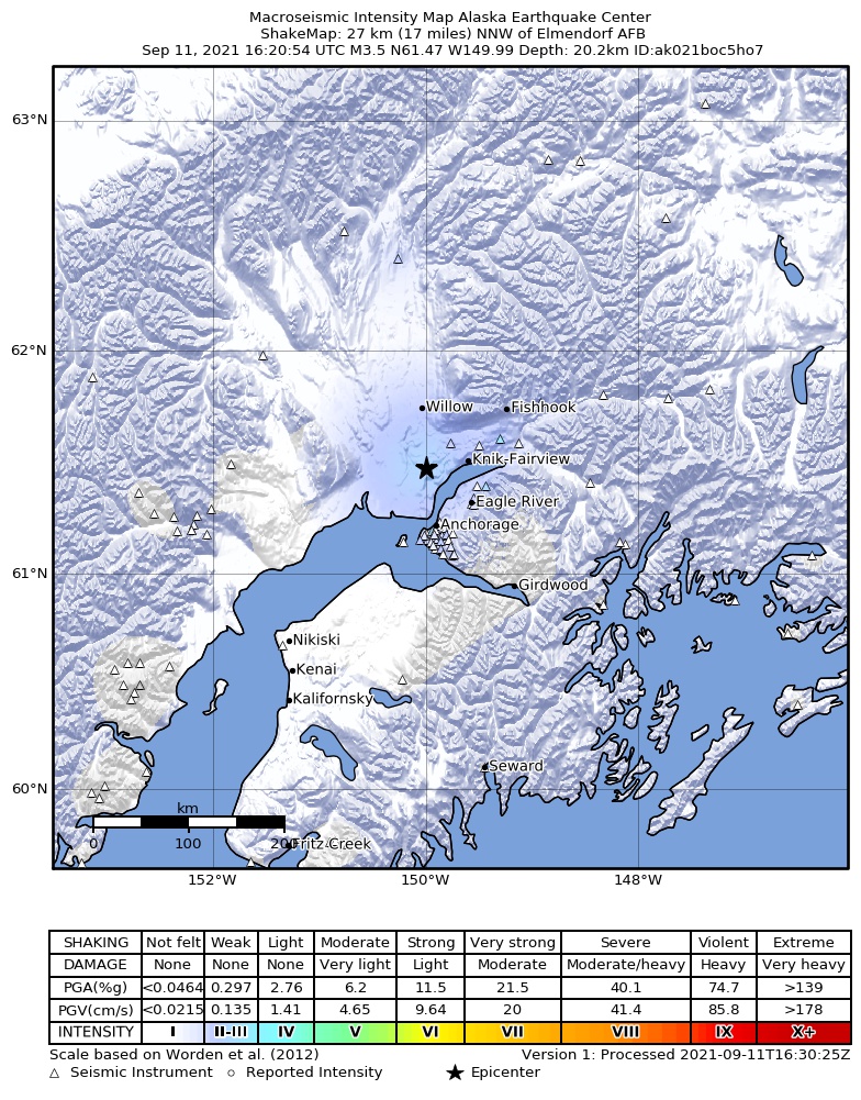 USGS ShakeMap: estimated shaking intensity around the epicenter