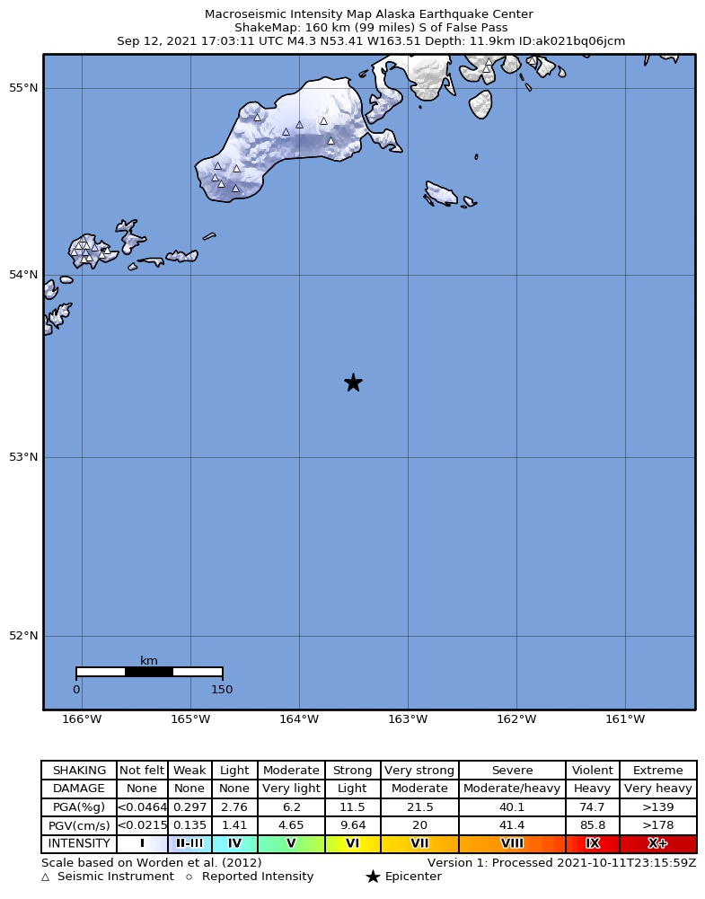 USGS ShakeMap intensity contours for the M4.7 earthquake near 160 km S of False Pass, Alaska