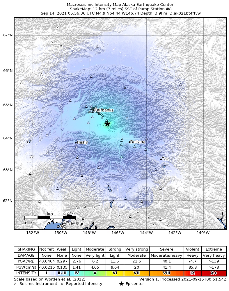USGS ShakeMap intensity contours for the M4.9 earthquake near 9 km NW of Harding-Birch Lakes, Alaska