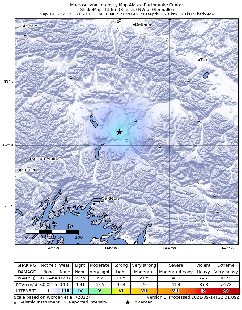 USGS ShakeMap intensity contours for the M3.6 earthquake near 14 km NW of Glennallen, Alaska