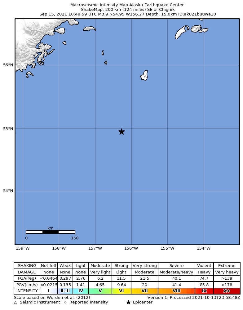 USGS ShakeMap: estimated shaking intensity around the epicenter
