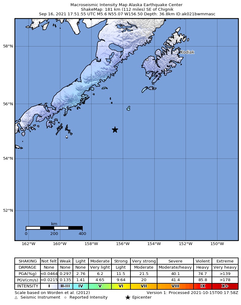 USGS ShakeMap intensity contours for the M5.6 earthquake near 181 km SE of Chignik, Alaska