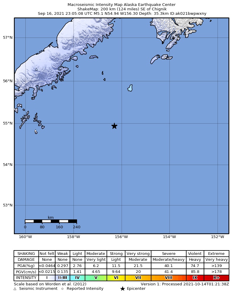 USGS ShakeMap intensity contours for the M5.1 earthquake near 200 km SE of Chignik, Alaska