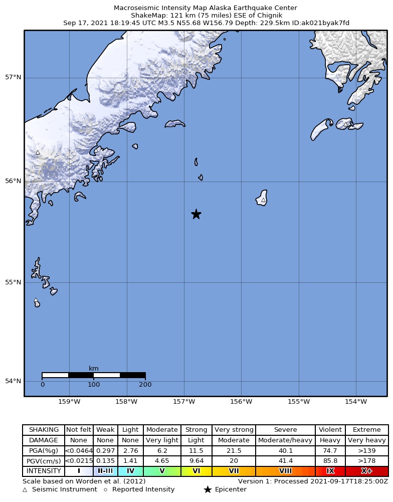 USGS ShakeMap intensity contours for the M3.2 earthquake near 99 km ENE of Chignik, Alaska