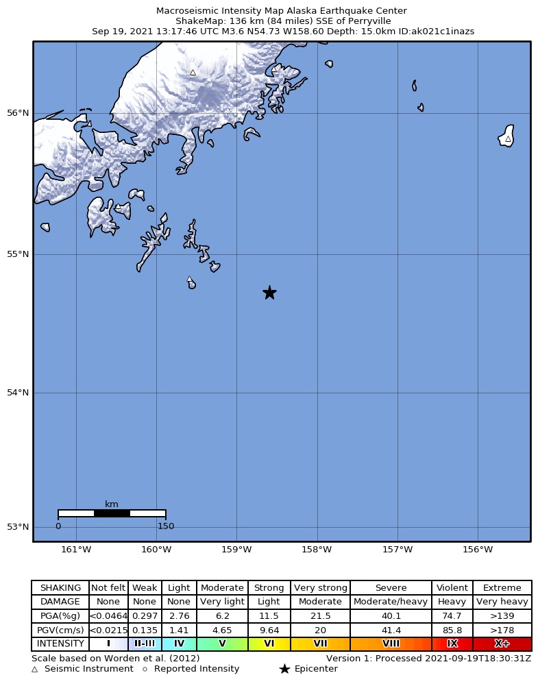 USGS ShakeMap: estimated shaking intensity around the epicenter