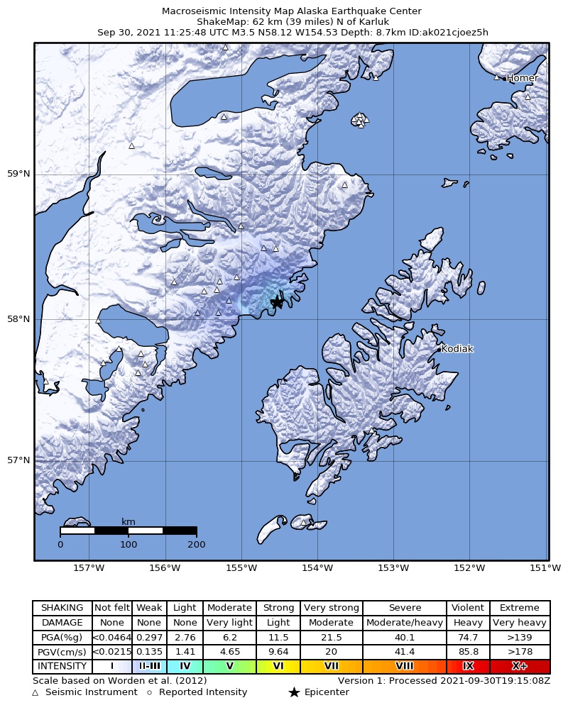 USGS ShakeMap: estimated shaking intensity around the epicenter