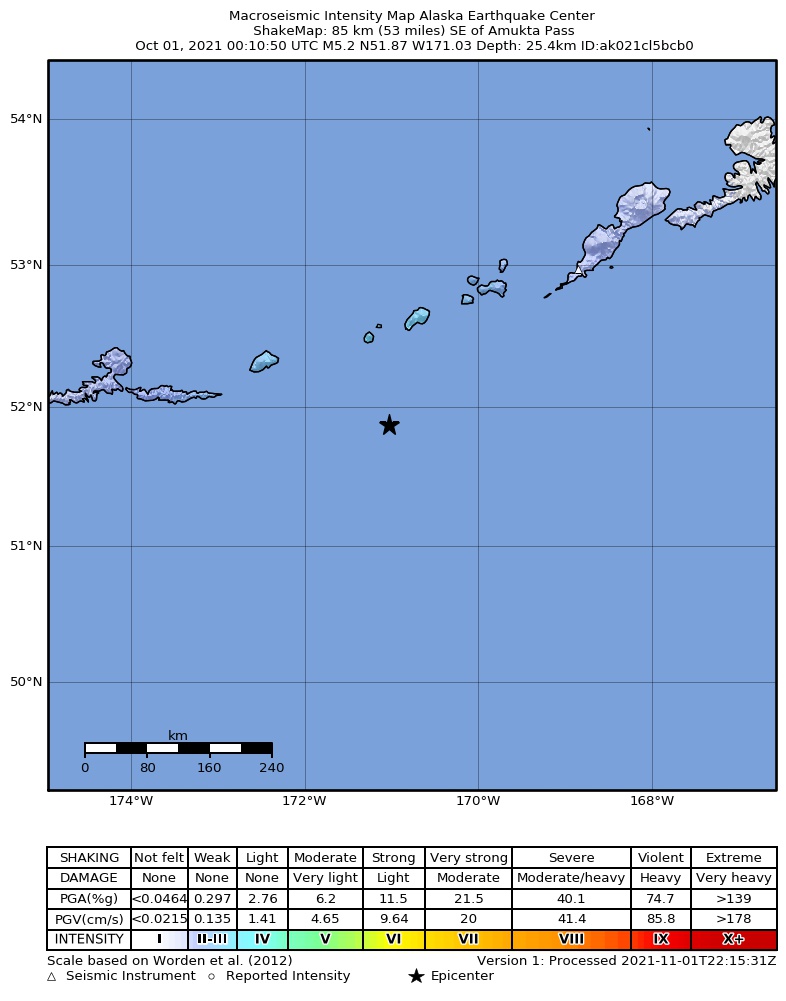 USGS ShakeMap intensity contours for the M5.2 earthquake near 185 km SW of Nikolski, Alaska
