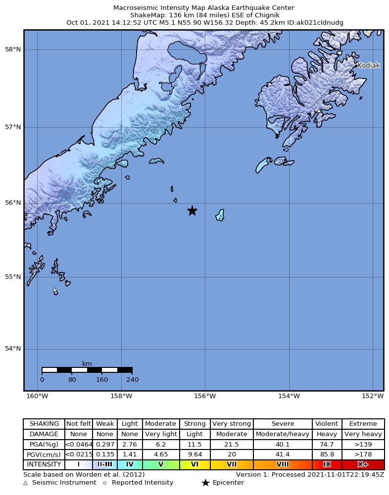USGS ShakeMap intensity contours for the M4.8 earthquake near 137 km ESE of Chignik, Alaska