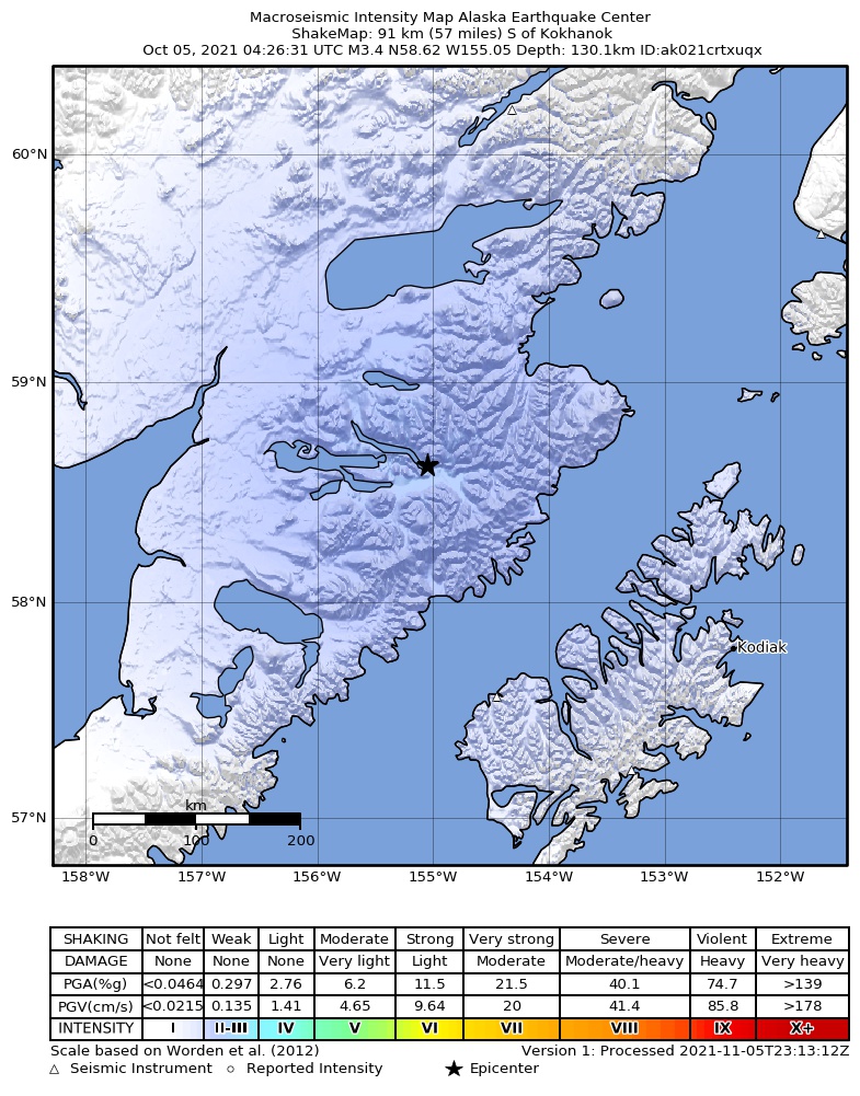 USGS ShakeMap: estimated shaking intensity around the epicenter