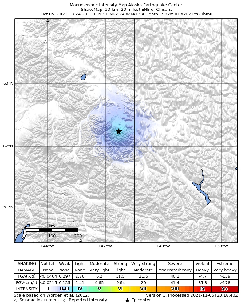 USGS ShakeMap: estimated shaking intensity around the epicenter