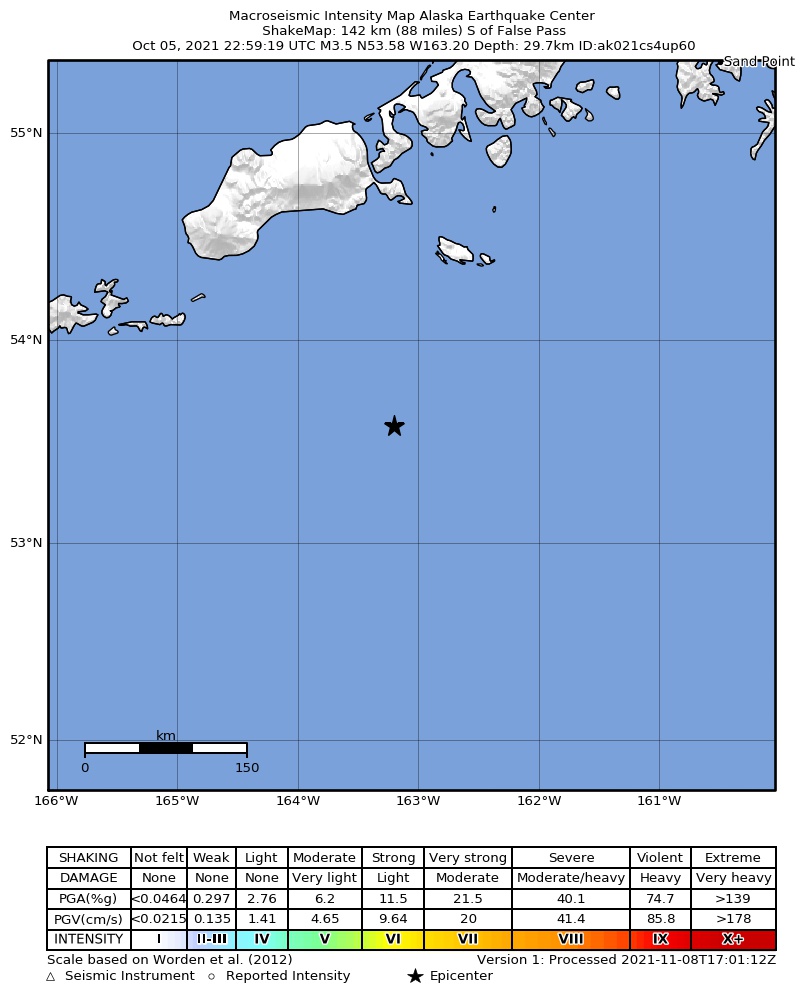 USGS ShakeMap intensity contours for the M4.4 earthquake near 129 km S of False Pass, Alaska