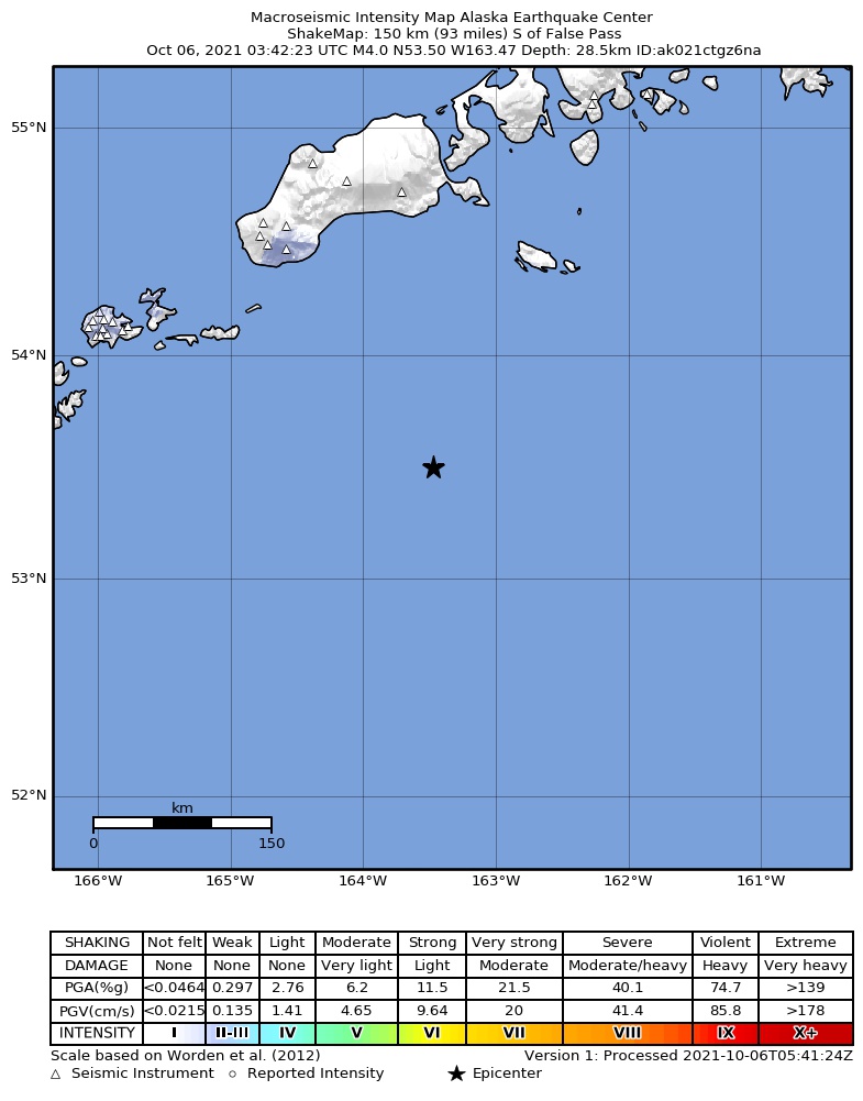 USGS ShakeMap: estimated shaking intensity around the epicenter