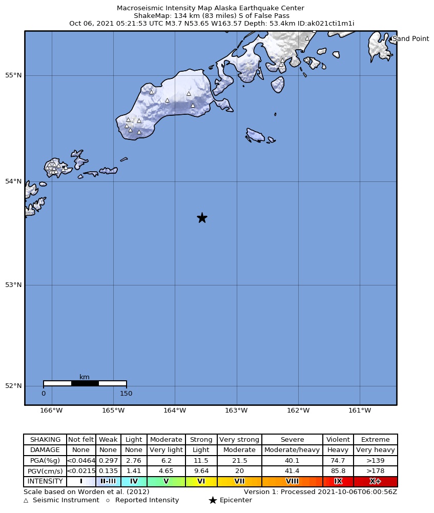 USGS ShakeMap: estimated shaking intensity around the epicenter