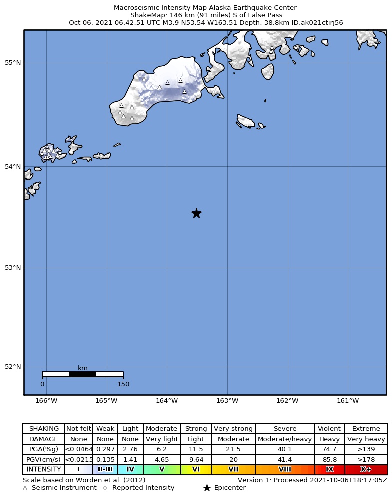 USGS ShakeMap: estimated shaking intensity around the epicenter