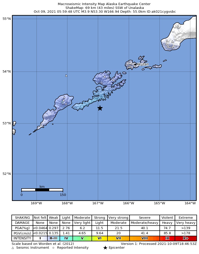 USGS ShakeMap: estimated shaking intensity around the epicenter