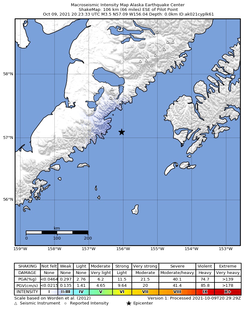 USGS ShakeMap intensity contours for the M3.3 earthquake near 89 km SE of Ugashik, Alaska