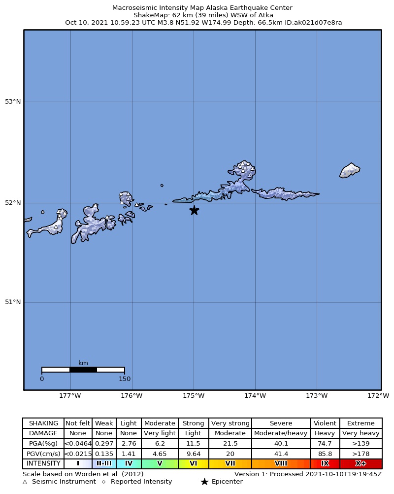 USGS ShakeMap: estimated shaking intensity around the epicenter