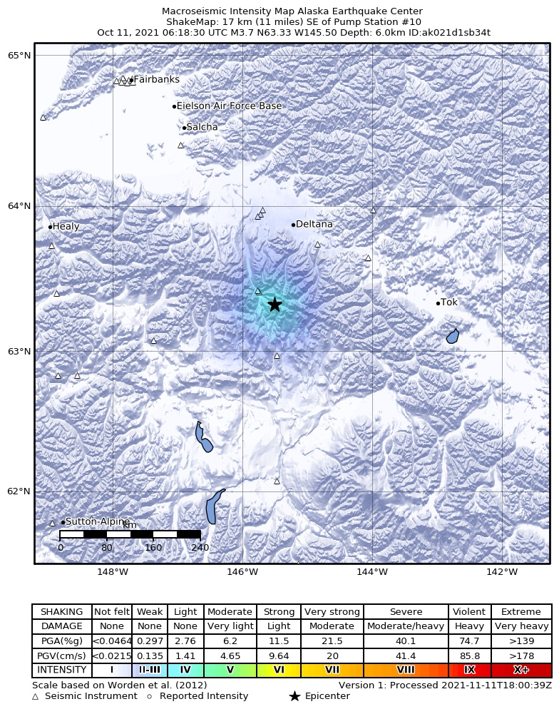 USGS ShakeMap: estimated shaking intensity around the epicenter