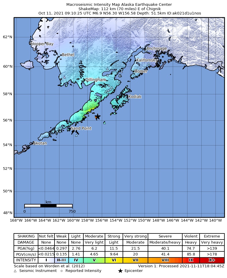 USGS ShakeMap intensity contours for the M6.9 earthquake near 112 km E of Chignik, Alaska