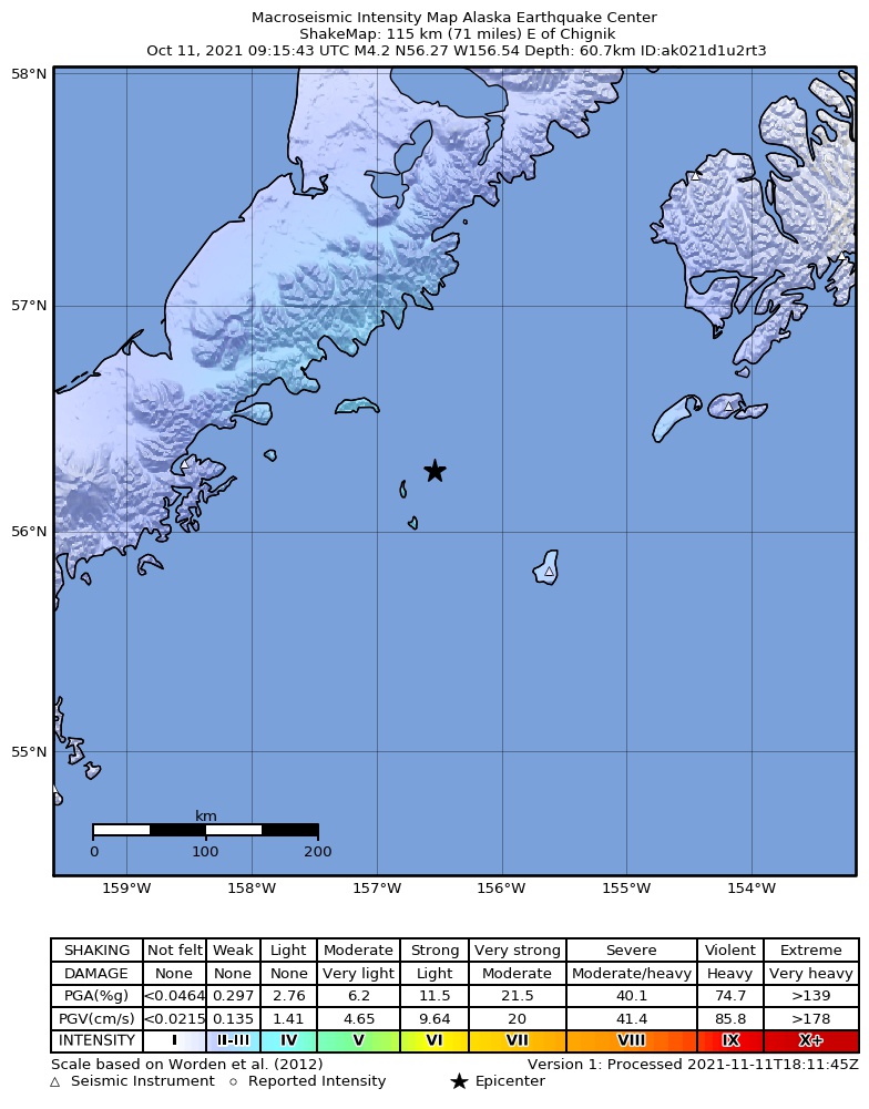 USGS ShakeMap: estimated shaking intensity around the epicenter