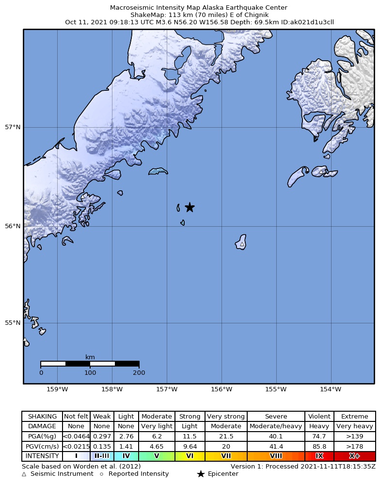 USGS ShakeMap: estimated shaking intensity around the epicenter