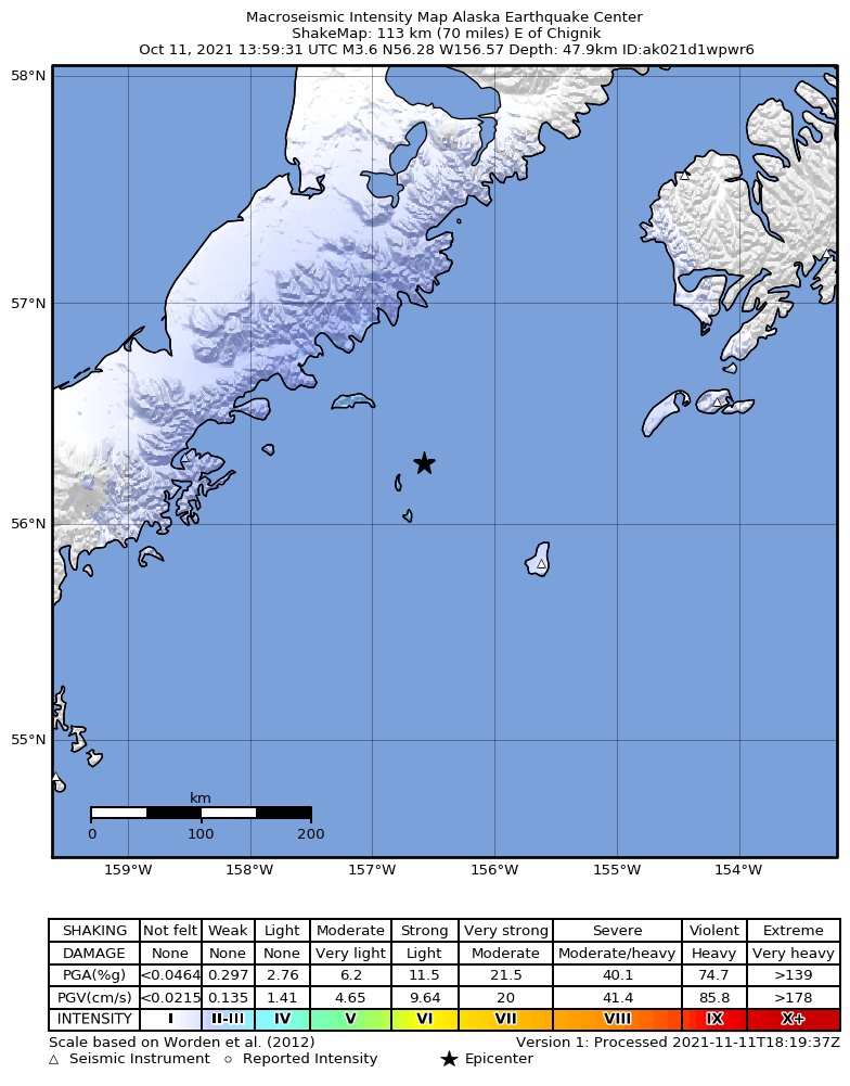 USGS ShakeMap: estimated shaking intensity around the epicenter