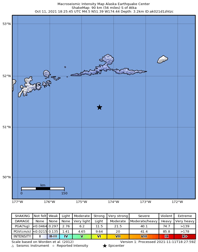 USGS ShakeMap intensity contours for the M4.9 earthquake near 81 km S of Atka, Alaska