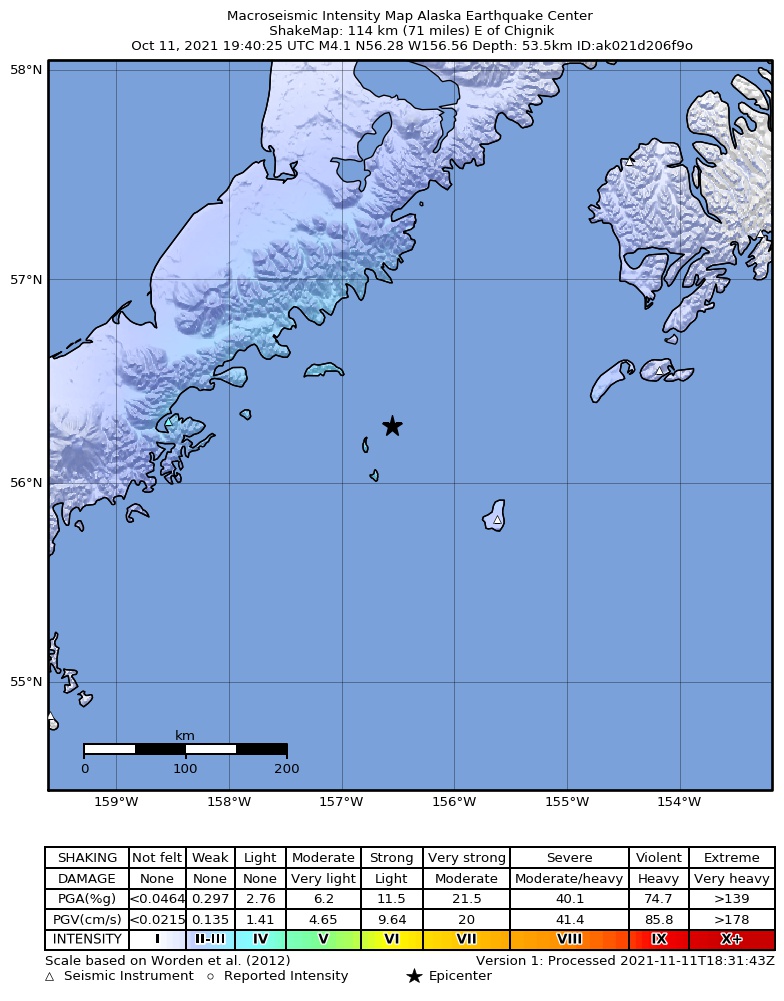 USGS ShakeMap intensity contours for the M4.1 earthquake near 114 km E of Chignik, Alaska