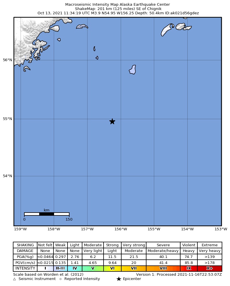 USGS ShakeMap: estimated shaking intensity around the epicenter