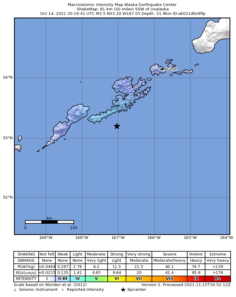 USGS ShakeMap intensity contours for the M3.8 earthquake near 87 km SSW of Unalaska, Alaska