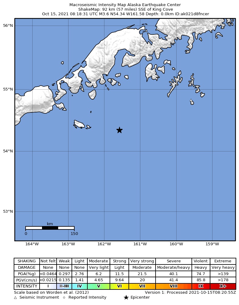 USGS ShakeMap: estimated shaking intensity around the epicenter