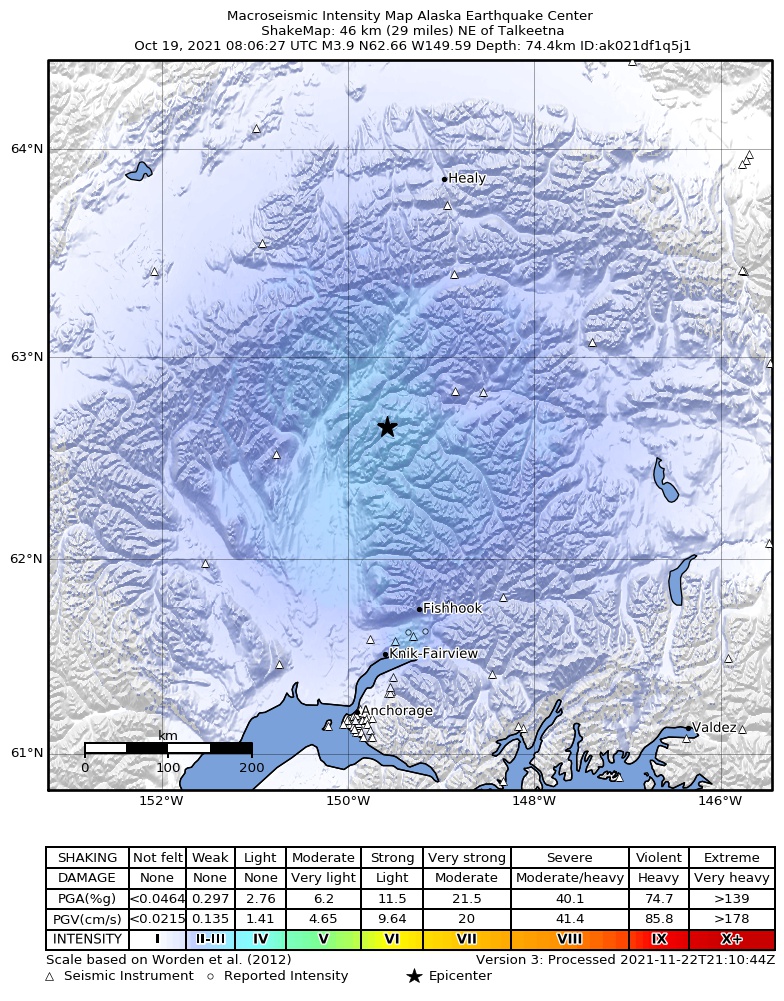 USGS ShakeMap: estimated shaking intensity around the epicenter