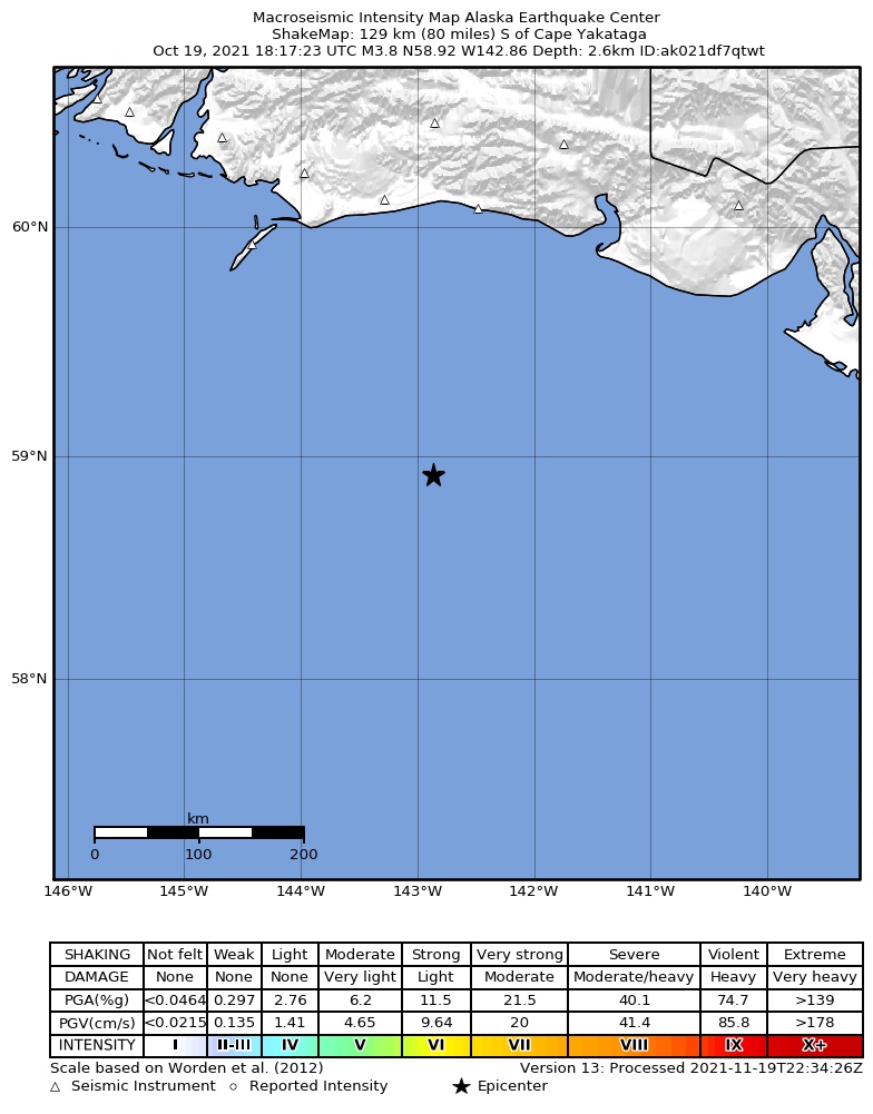 USGS ShakeMap intensity contours for the M4.3 earthquake near 192 km WSW of Yakutat, Alaska